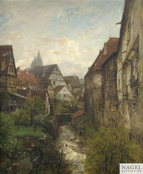 Partie In Der Esslinger Altstadt Am Stadtgraben Mit Den Beiden Turmen Der Stadtkirche Im Hintergrund by Gustav Schoenleber