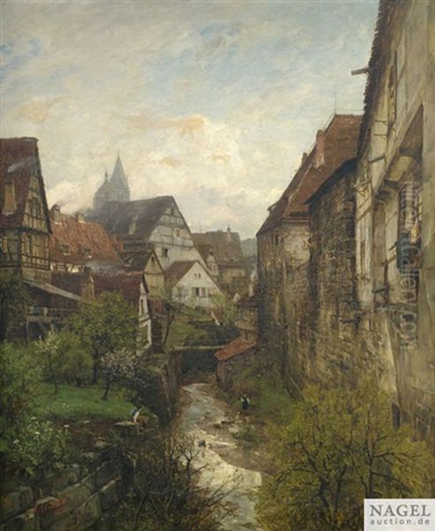 Partie In Der Esslinger Altstadt Am Stadtgraben Mit Den Beiden Turmen Der Stadtkirche Im Hintergrund Oil Painting by Gustav Schoenleber