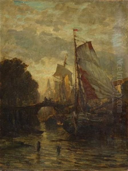 Busy Harbor Oil Painting by Gustav Schoenleber