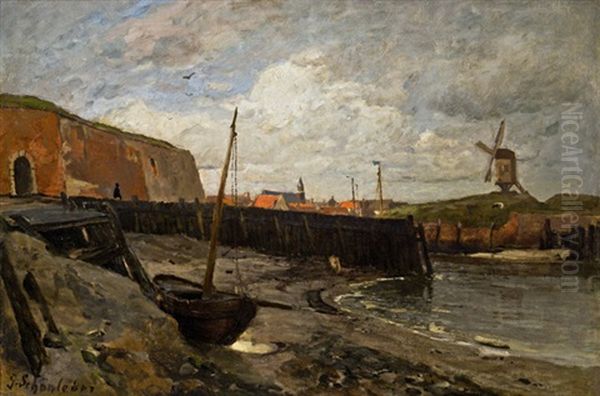 Kanallandschaft Mit Windmuhle (ostende?) Oil Painting by Gustav Schoenleber