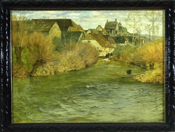 Partie Am Neckar Mit Fischer Auf Seinem Boot Und Fachwerkhausern Im Hintergrund Oil Painting by Gustav Schoenleber