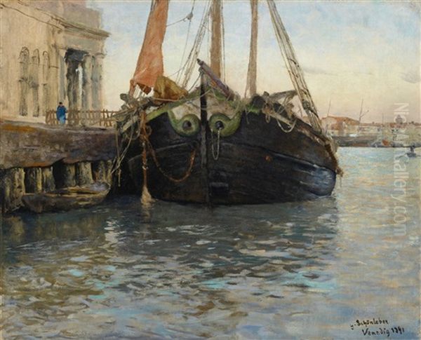 Schiff Im Hafen Vor Venedig Oil Painting by Gustav Schoenleber