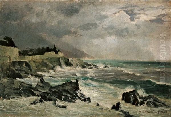 Kuste Bei Nervi Im Sturm Oil Painting by Gustav Schoenleber