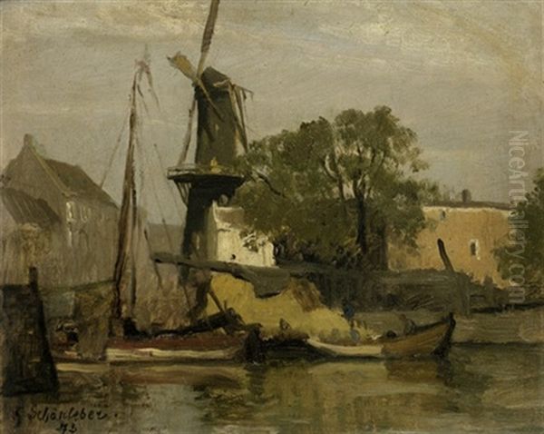 Niederlandischer Binnenhafen Mit Einer Muhle Oil Painting by Gustav Schoenleber