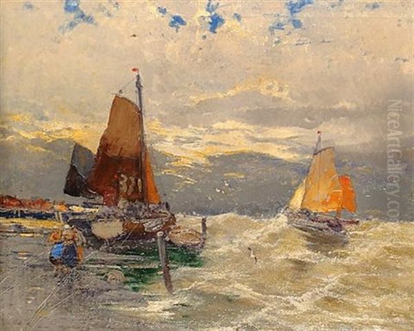 Unloading The Boats Oil Painting by Gustav Schoenleber