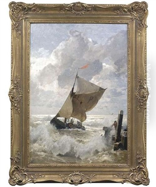 Fischerboot In Sturmischer See Unter Bewolktem Himmel Oil Painting by Gustav Schoenleber