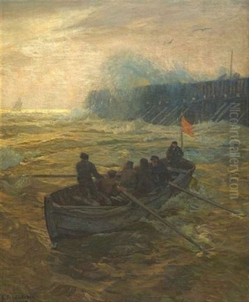 Ruderboot In Sturmischer See Vor Einer Spundwand Oil Painting by Gustav Schoenleber