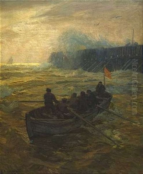 Ruderboot In Sturmischer See Vor Einer Spundwand by Gustav Schoenleber