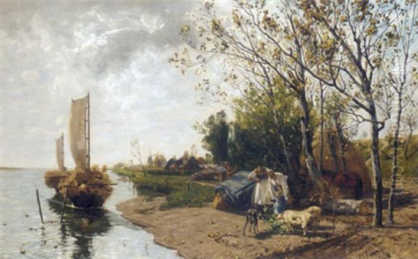 Feeding The Animals By The Riverside Oil Painting by Gustav Schoenleber