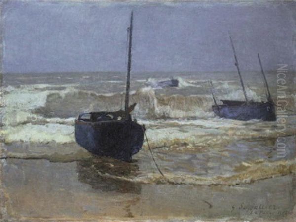 Gelbe Brandung. Fischerboote Am Strand Von La Panne Oil Painting by Gustav Schoenleber