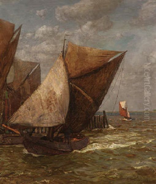 Heimkehrende Fischerboote Im Hafen Von Veere Oil Painting by Gustav Schoenleber