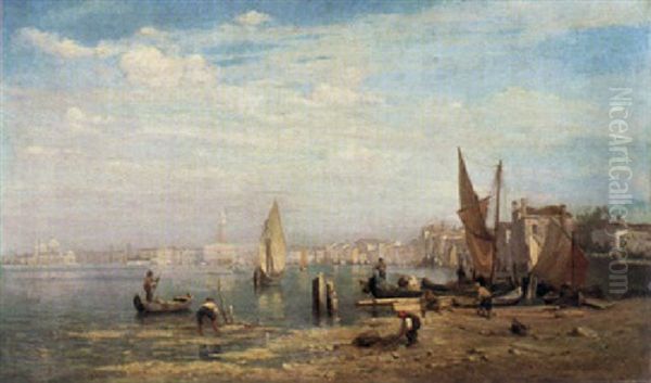 Venedig. Fischer Und Boote Am Flachen Strand Mit Blick Auf Den Dogenpalast, Die Campanile Und S. Maria Della Salute Oil Painting by Gustav Schoenleber