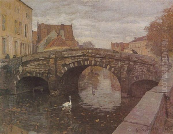 Brugge, Pont Des Augustins Oil Painting by Gustav Schoenleber