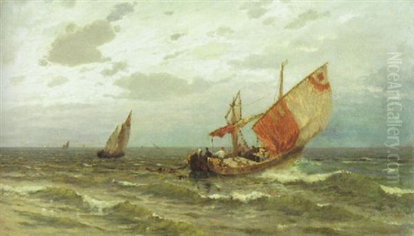 Fischerboote In Sturmischer See Vor Der Venezianischen Kuste Oil Painting by Gustav Schoenleber