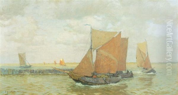 Heimkehrende Fischerboote (veere) Oil Painting by Gustav Schoenleber