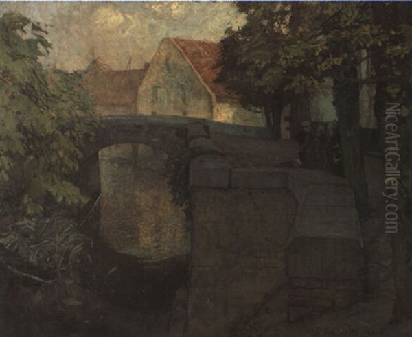 Hollandischer Kanal Mit M,chtigen Ufermauern Aus Rotem Backstein Oil Painting by Gustav Schoenleber