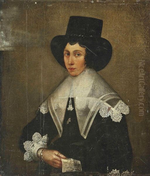 Portrait Of A Lady, Half-length, In A Black Dress With Lace Cuffs, A Black Hat And Pearl Earrings, A Letter In Her Right Hand Oil Painting by Edward Bower