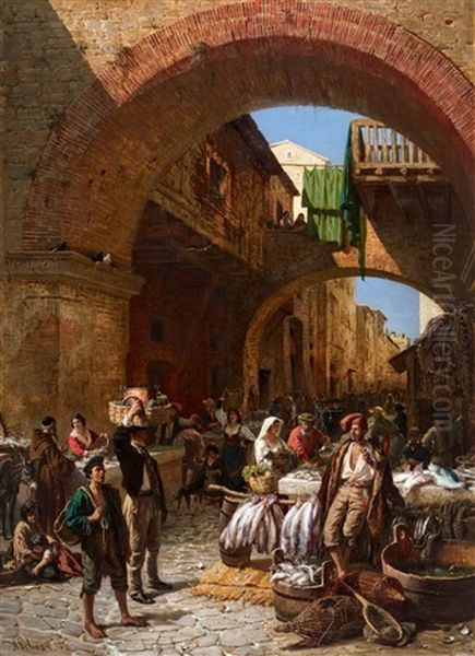 The Fish Market In Chioggia Oil Painting by Alois Schoenn