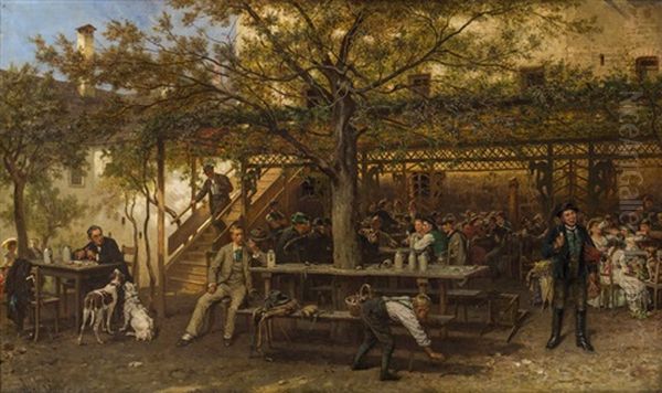 Biergarten Im Augustinerbrau In Salzburg Oil Painting by Alois Schoenn