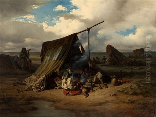 Gypsy Camp In The Pannonian Steppe Oil Painting by Alois Schoenn