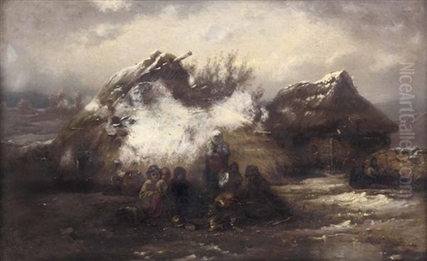 Familie Am Lagerfeuer Vor Hutten Im Winter Oil Painting by Alois Schoenn