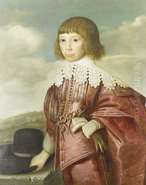 Portrait Of A Young Boy, Three-quarter-length,in Pink Silk Embroidered Dress And A White Chemise, Standing Besidea Stone Ledge Before An Open Landscape Oil Painting by Edward Bower