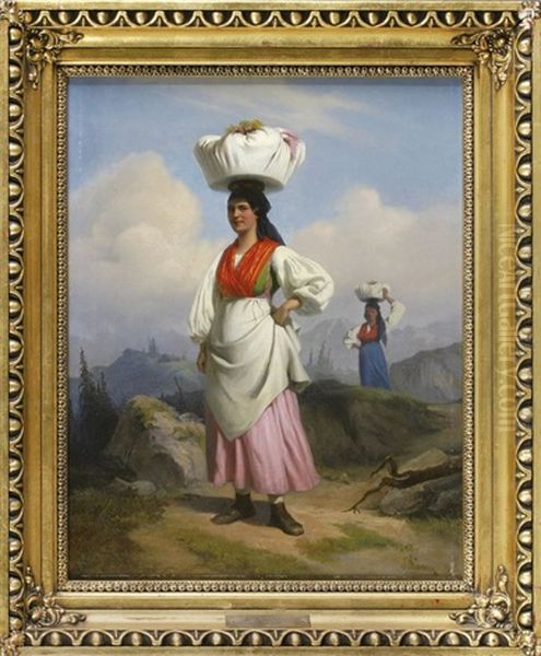 Zwei Dirndl Auf Einem Gebirgsweg Oil Painting by Alois Schoenn