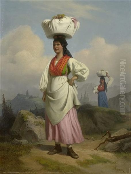 Zwei Frauen In Tracht Oil Painting by Alois Schoenn