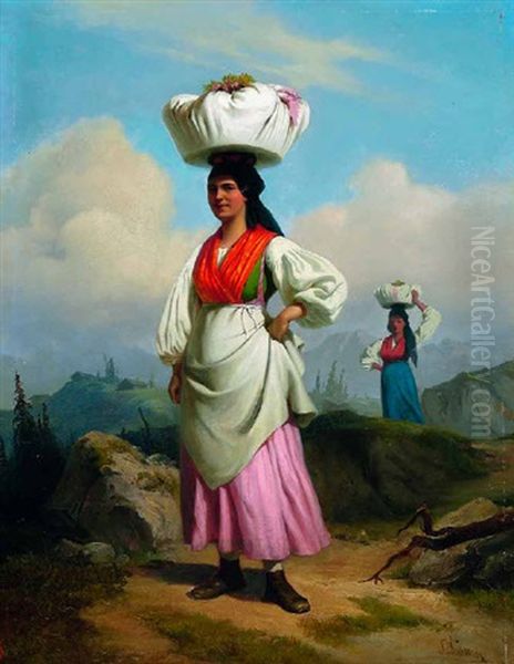 Zwei Ausseer Dirndl Mit Waschekorben Auf Dem Kopf Oil Painting by Alois Schoenn