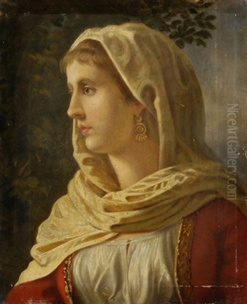 Bildnis Einer Jungen Frau Mit Kopftuch Oil Painting by Alois Schoenn