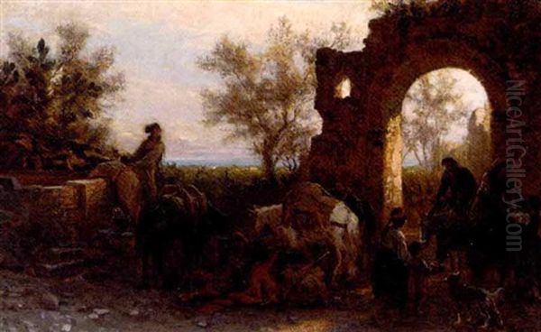 Travellers Watering Horses At A Ruin Oil Painting by Alois Schoenn