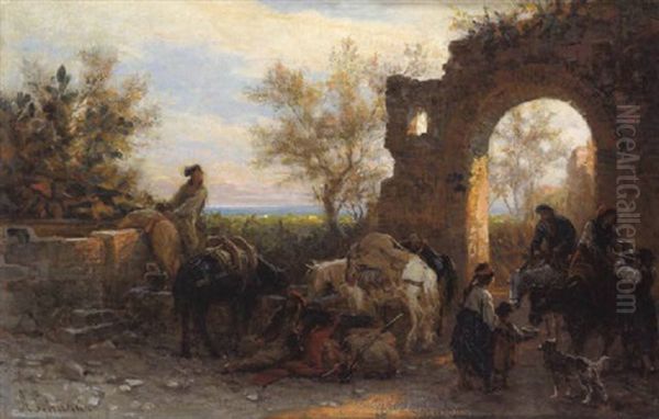 Rast An Den Ruinen In Sudlicher Landschaft Oil Painting by Alois Schoenn