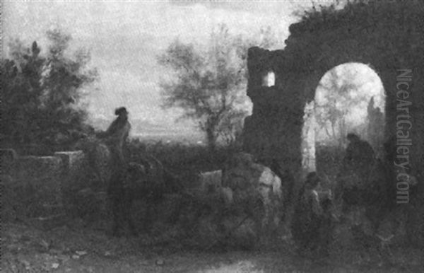 Lagernde Zigeuner Vor Sudlandischen Ruinen Oil Painting by Alois Schoenn