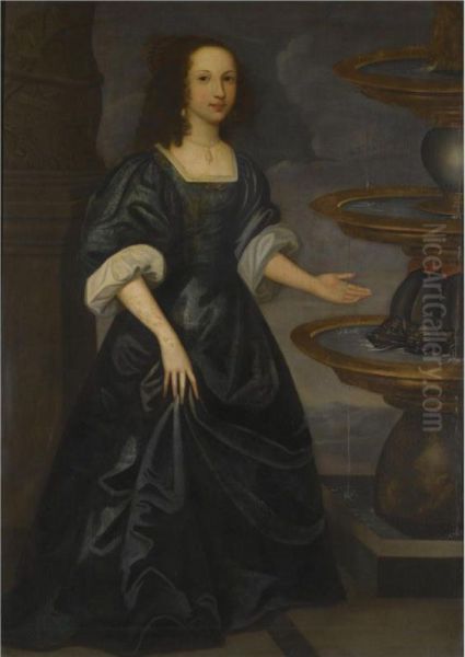 Portrait Of A Lady By A Fountain, Full Length, Wearing A Dark Green Dress Oil Painting by Edward Bower