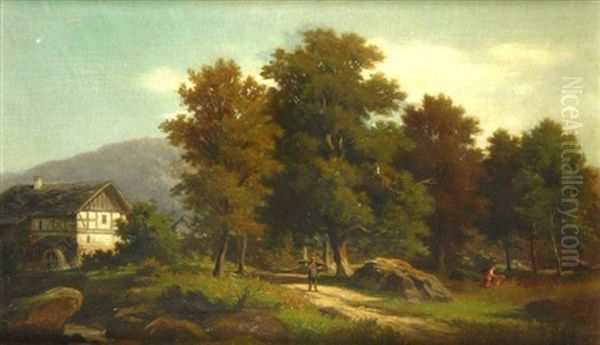 Sommeridylle. Blick Auf Eine Wassermuhle In Bewaldeter Hugellandschaft Oil Painting by Julius Schoenrock