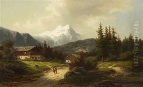 Wanderer Bei Der Alm Oil Painting by Julius Schoenrock