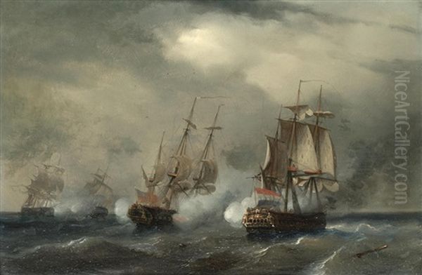 The British Frigates Flora And Crescent In Action With Two Dutch Frigates West Of Cape Spartel, Morocco, 30th May 1781 Oil Painting by Aegidius C. A. Schoenstedt