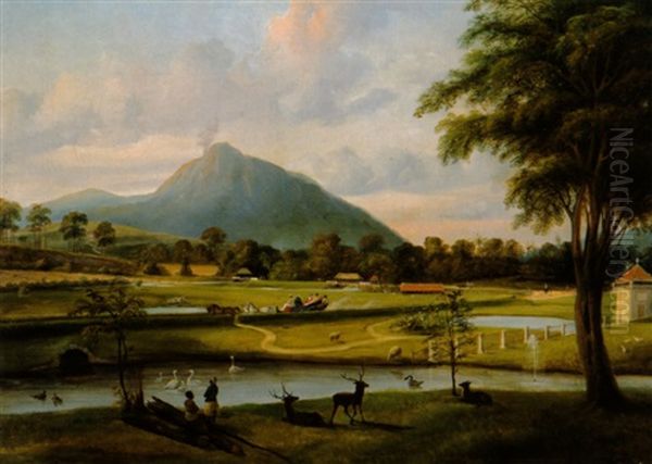 Exotische Flusslandschaft Mit Rauchendem Vulkan Und Reisenden In Einem Vierspannigen Wagen Oil Painting by Aegidius C. A. Schoenstedt