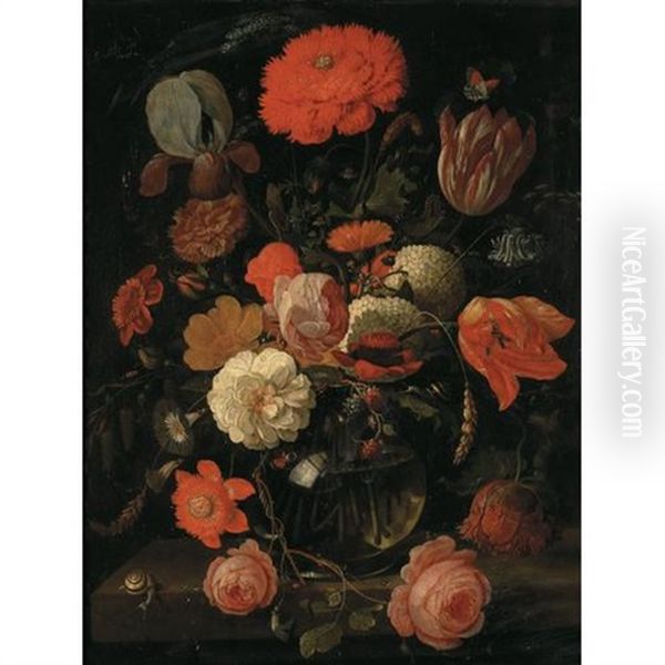 A Still Life Of Tulips, Roses, Blackberries And Other Flowers In A Glass Vase On A Ledge With Snails And Various Insects Oil Painting by Hendrik Schoock