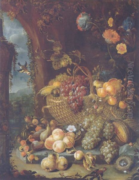 A Basket Of Grapes And Other Fruit On A Stone Ledge With Peaches, Grapes, Pears And Other Fruit And Flowers By A Wall Oil Painting by Hendrik Schoock