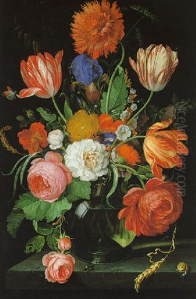 Blumenstraus Von Rosen, Nelken, Pfingstrosen, Iris, Wicke, Malven In Einer Glasvase Oil Painting by Hendrik Schoock