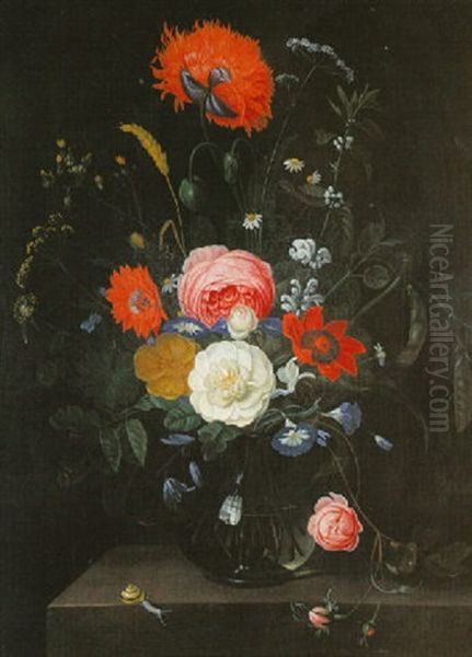 A Still Life Of Flowers In A Glass Vase On A Stone Ledge Oil Painting by Hendrik Schoock