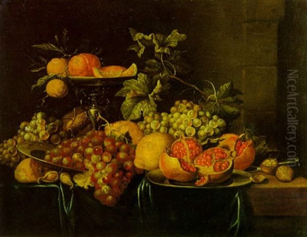 Oranges Dans Une Tazza, Grenades Sur Une Assiette En Etain, Raisins, Citrons, Noix Et Un Couteau Sur Un Rebord Oil Painting by Hendrik Schoock