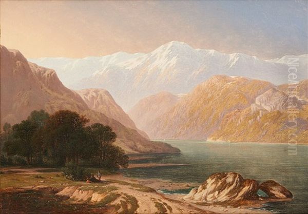 Paysage Lacustre Et Montagneux Anime Oil Painting by Henri J. Schoofs