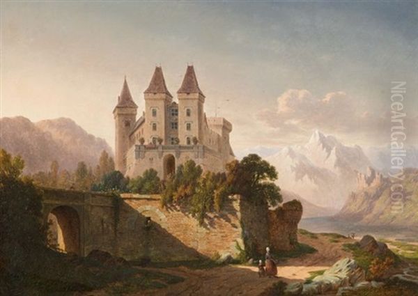 Vue D'un Chateau Au Bord D'un Lac De Montagne Oil Painting by Henri J. Schoofs