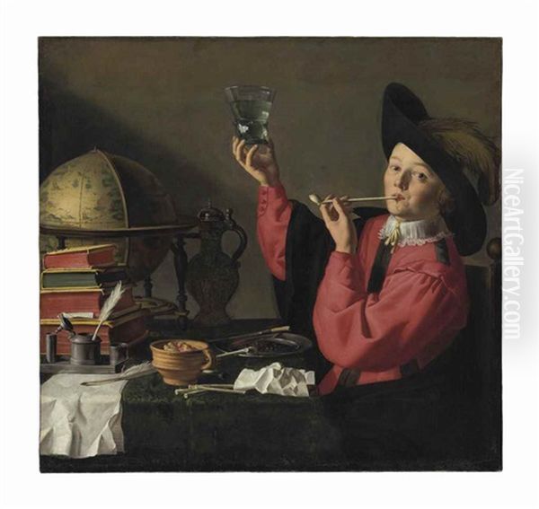 A Gallant Youth Drinking And Smoking At A Table With A Globe, Books, And Other Objects Oil Painting by Aelbert Jansz van der Schoor