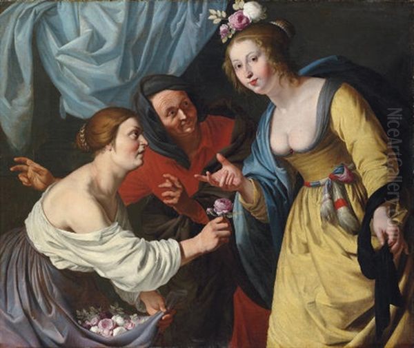 An Allegory Of Youth And Old Age - A Lady Offering Flowers To A Young Woman, With An Elderly Lady Beyond Oil Painting by Aelbert Jansz van der Schoor