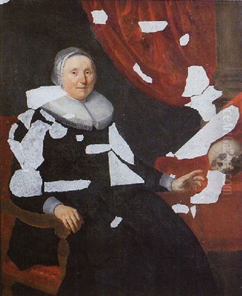 Portrait Of An Elderly Lady Seated By A Table In Front Of A Draped Column, Wearing A Black Dress, Molenkraag And Lace Cuffs, Pointing Towards A Skull Oil Painting by Aelbert Jansz van der Schoor