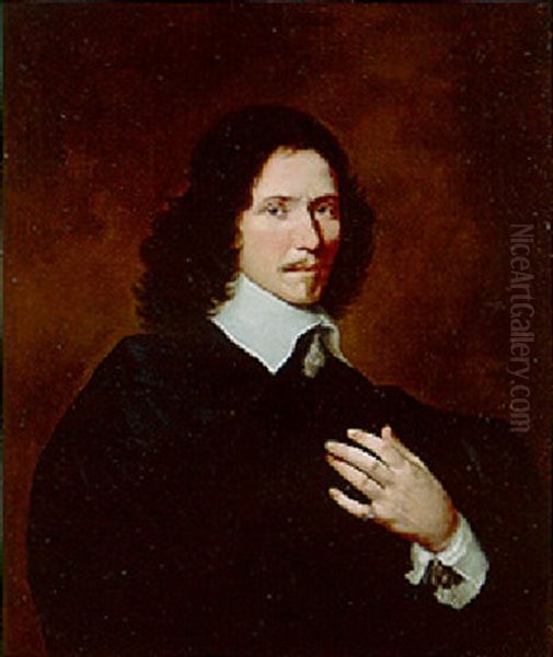 Portrait Of A Gentleman, Half Length, Wearing Black Costume, Lace Chemise And Black Cloak Oil Painting by Aelbert Jansz van der Schoor