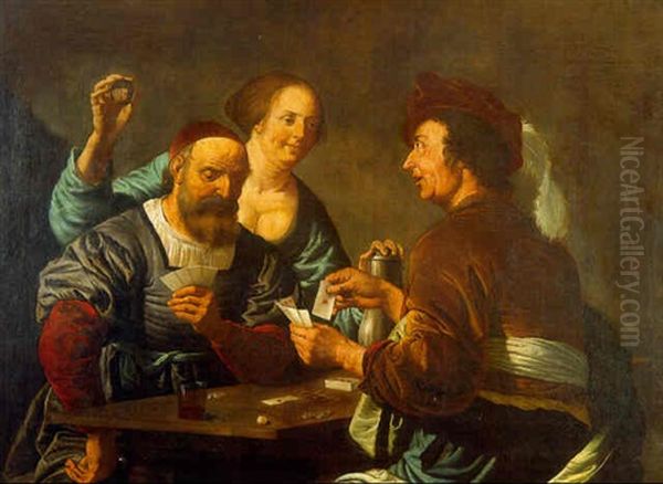 Cardsharps In An Interior Oil Painting by Aelbert Jansz van der Schoor